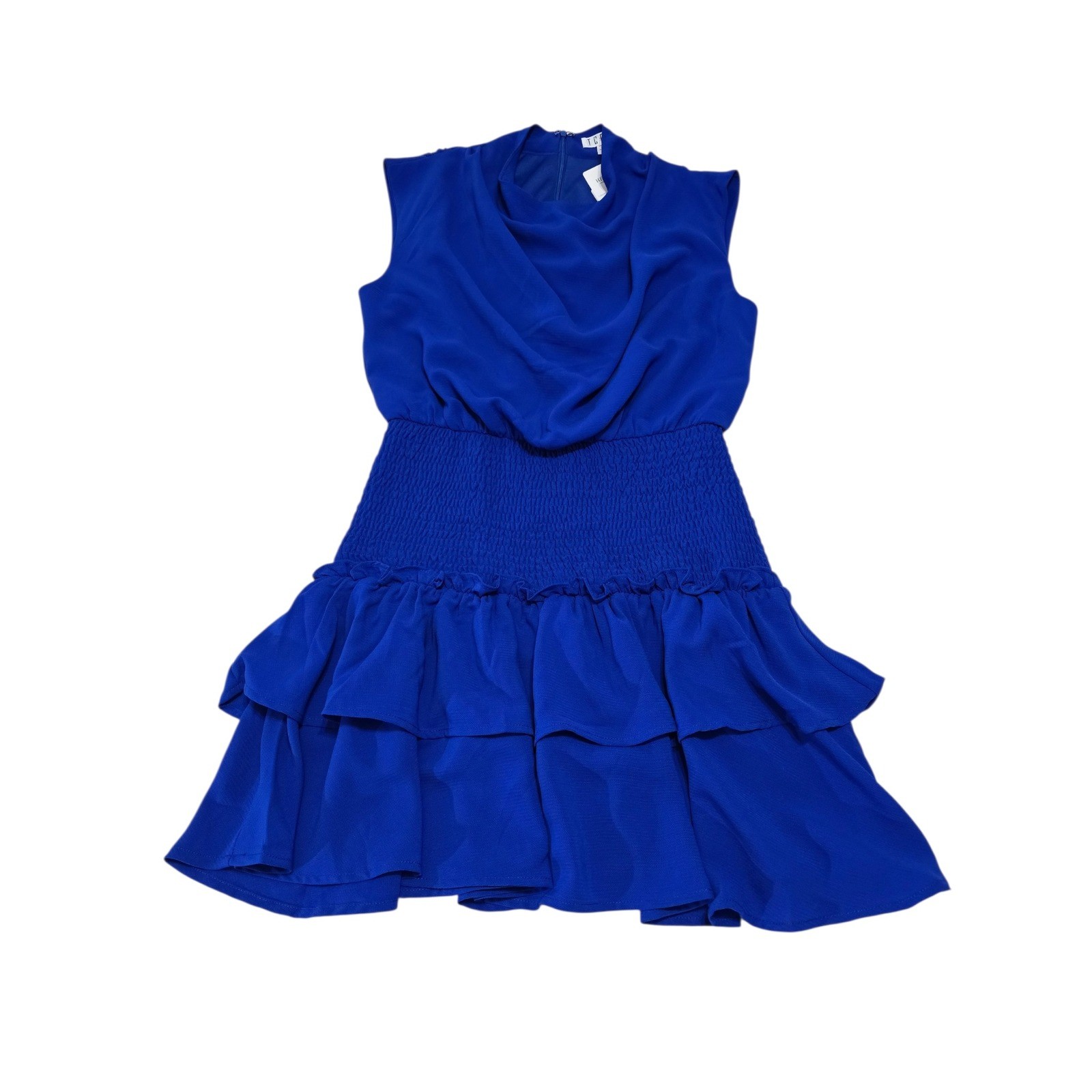 TCEC Royal Blue Cowl Neck Smocked Waist Tiered Ruffle Mini Dress Small NWT