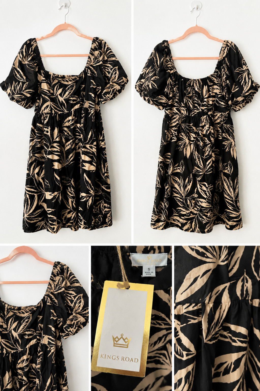 Kings Road Women’s Black & Beige Tropical Print Puff Sleeve Mini Dress