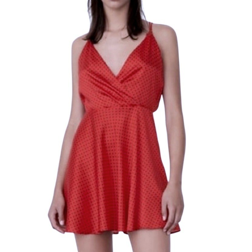 Zara Red Polka Dot Mini Moroccan Dress Open Back Tie Spaghetti Strap Party Small