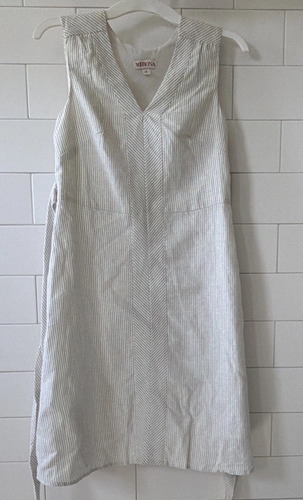 Merona White/Gray Striped Sleeveless V-Neck Sheath linen lined Dress w ties 2