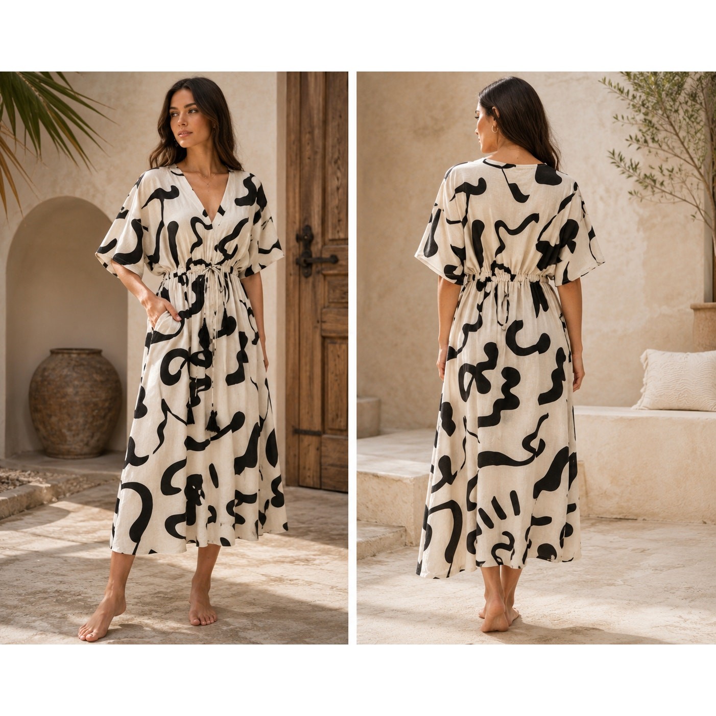 World Market Abstract Art Dress S/M Black Cream Drawstring Waist Boho