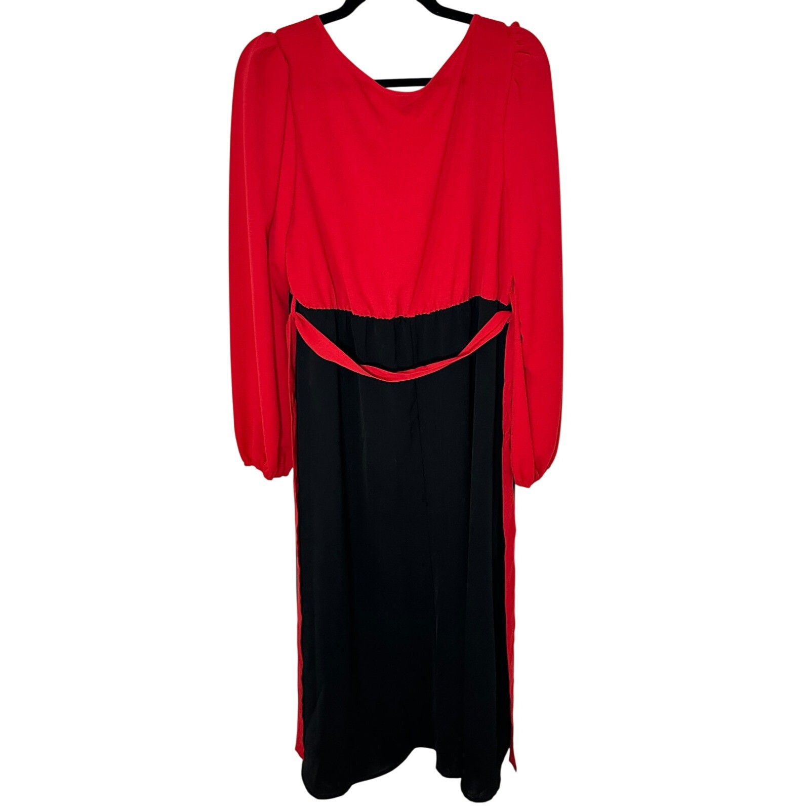Shein Curve Womens 1XL Red Black Colorblock Maxi Dress Long Bishop Sleeve Belted