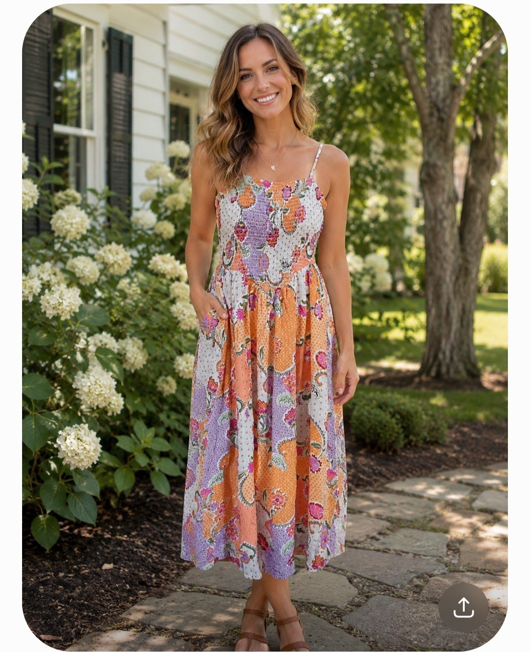 Patrons of Peace Orange Floral Smocked Square Neck Midi Sundress XS