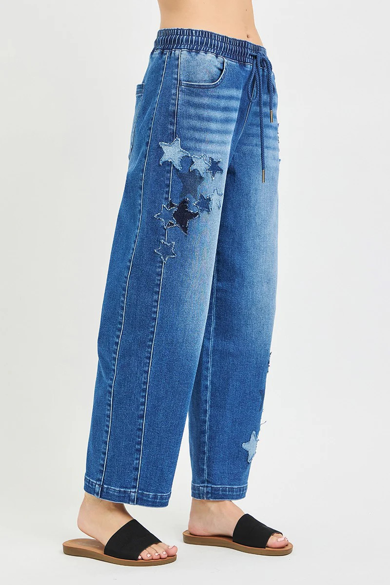 RISEN Elastic Band Slouchy Cropped Barrel with Star Patch