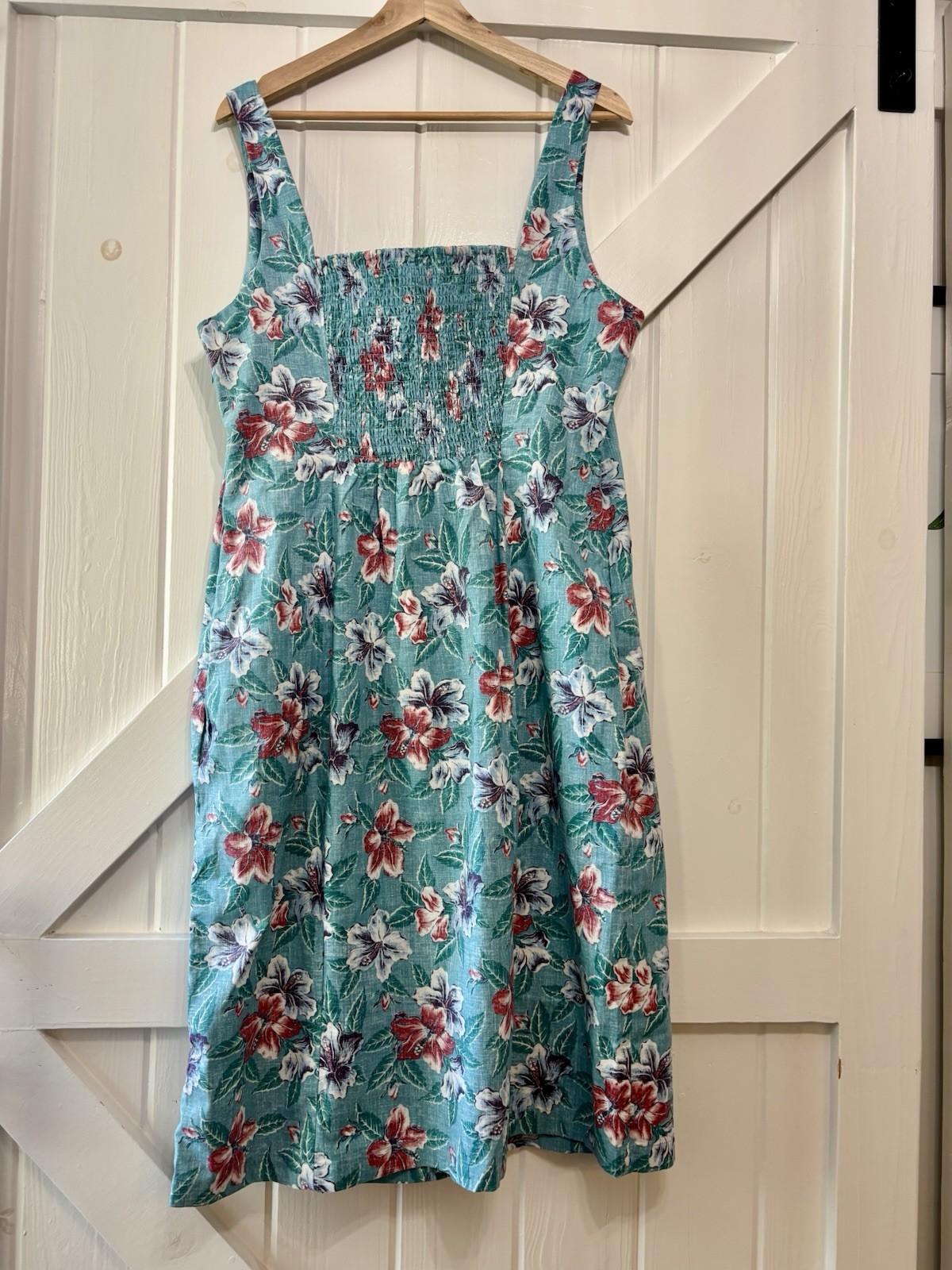 Reyn Spooner Limited Issue Floral Tank Sheath Dress Teal Smocked Back Pockets 16