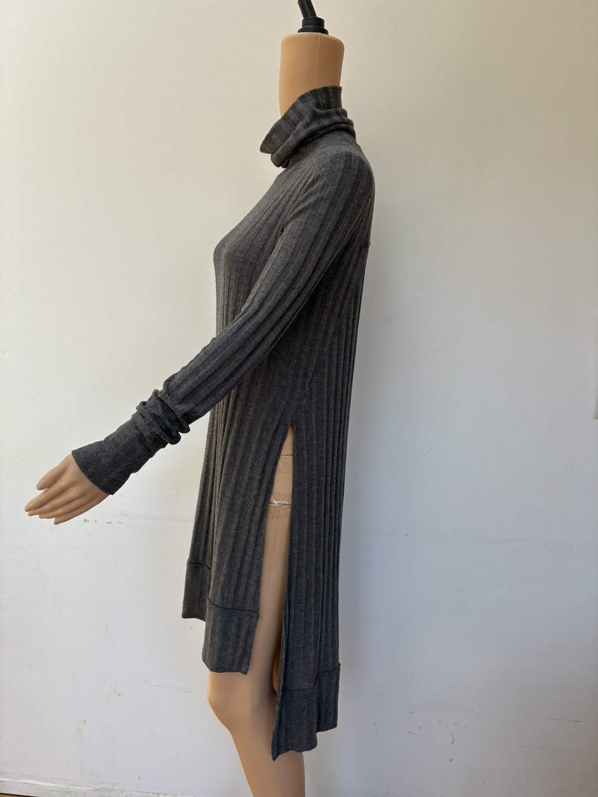 We The Free People gray rib high low split hem turtleneck tunic sweater dress S