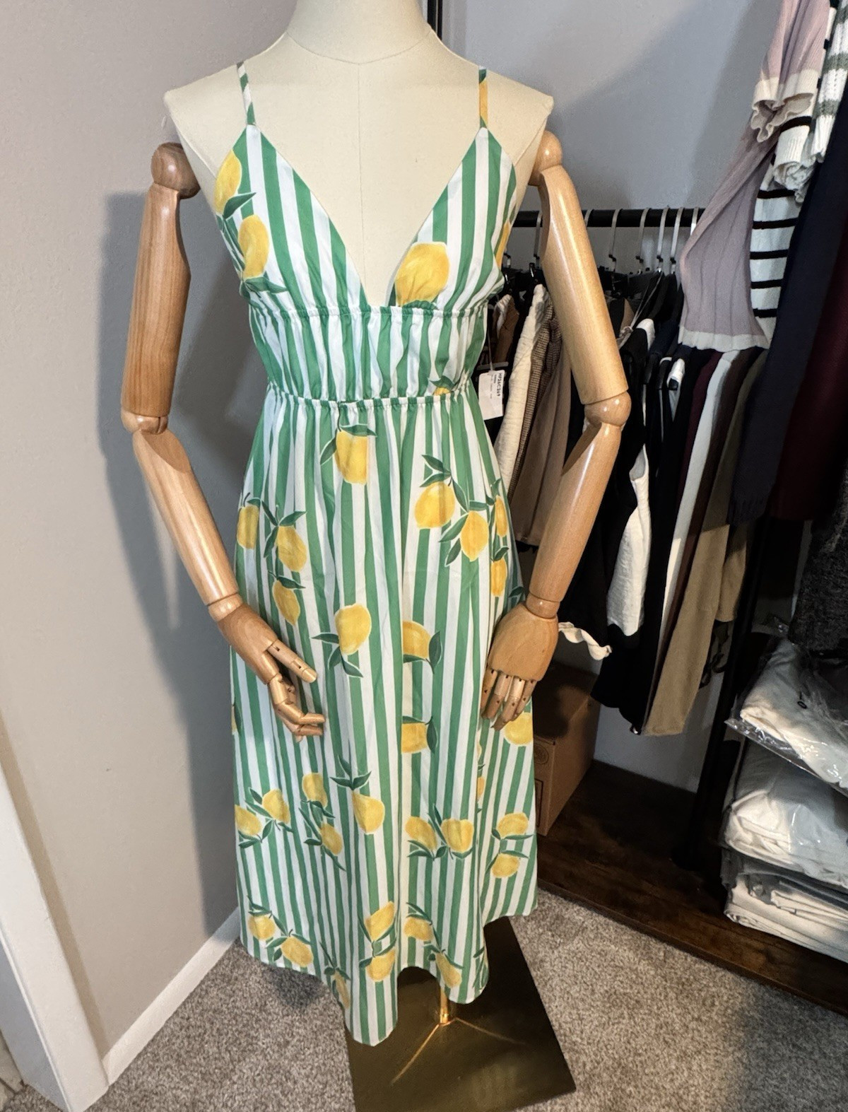 HYFVE Green White Striped Lemon Print Midi Sundress Smocked V-Neck Straps S