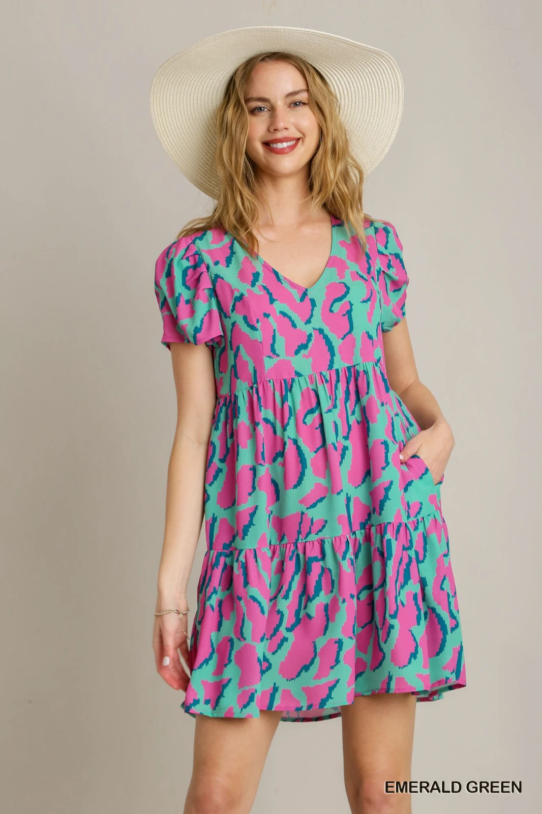 Umgee Emerald Multi Animal Print V Neck Tiered Short Dress