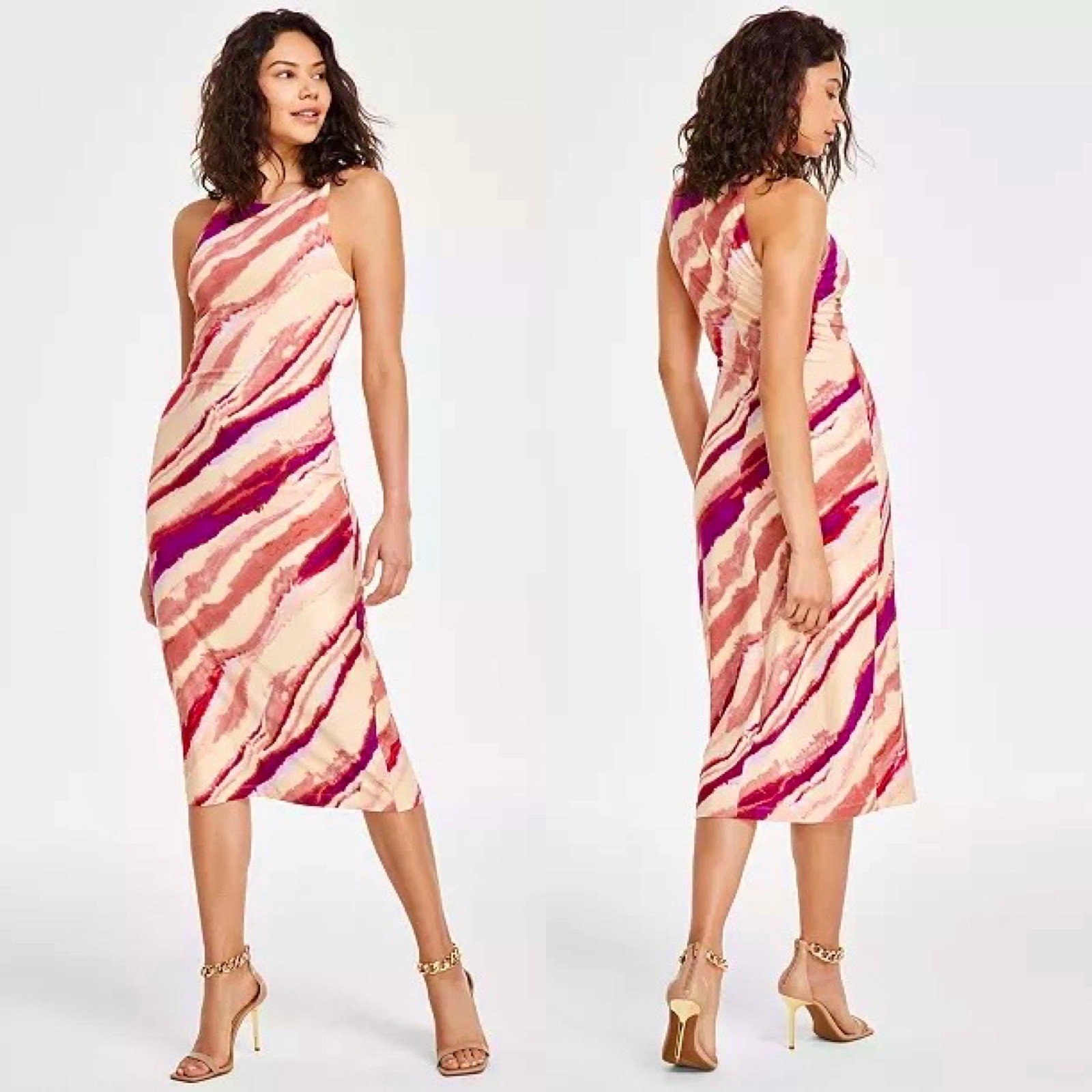 Rachel Roy Sleeveless Sheath Midi Dress Brown Pink Abstract Print Stretch NWT