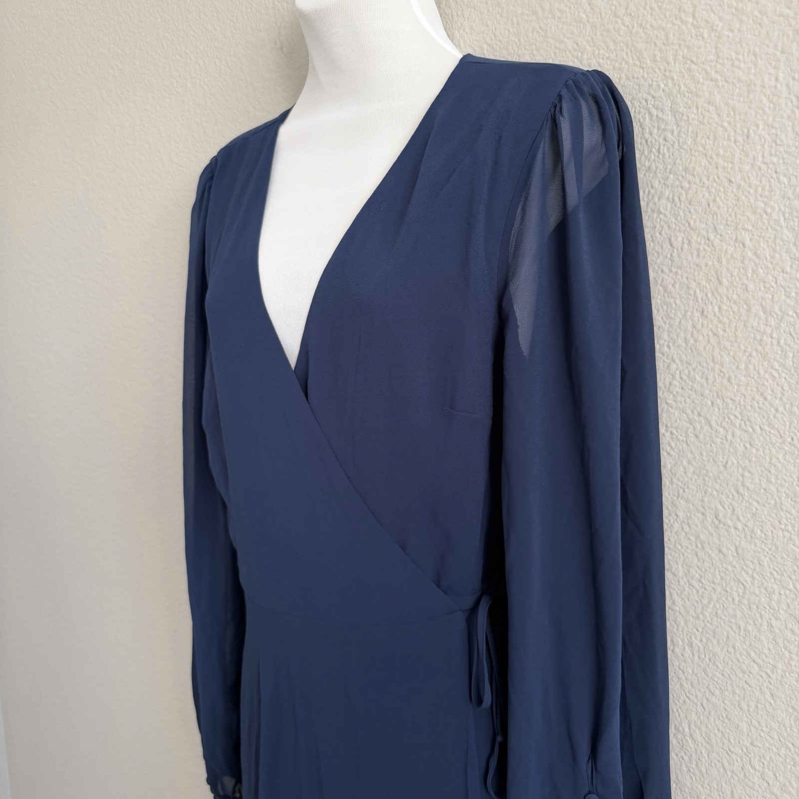 Lulus Navy XL Maxi Wrap Evening Dress Gown NWT Sheer Bishop Sleeves Button Cuff