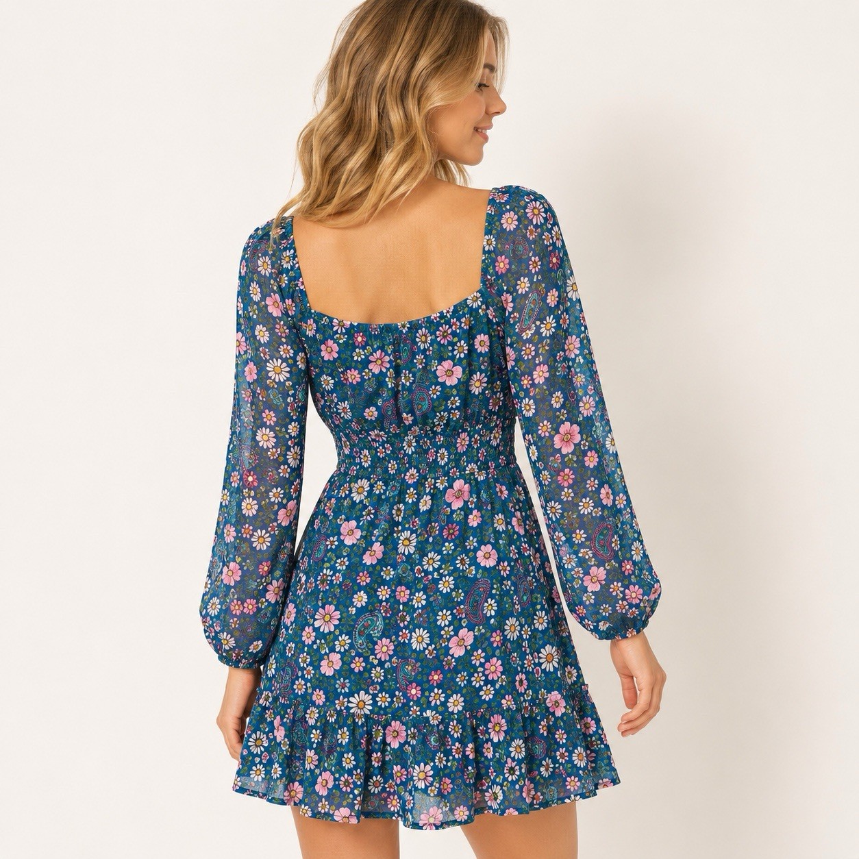 NWT Trixxi Girl Juniors L Floral Mini Dress Blue Long Sleeve Square Neck Boho