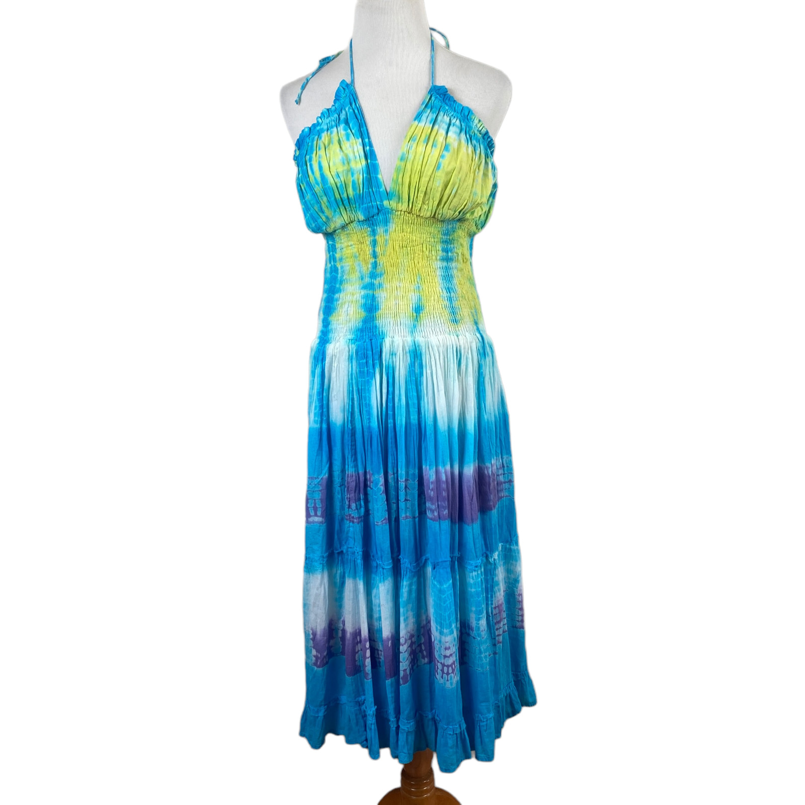 Blue Ocean Midi Dress OS Tie Dye Halter V-Neck Smocked A-Line Summer Boho Hippie