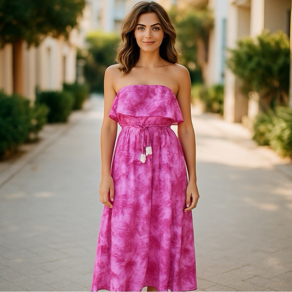 Japna Pink Tie Dye Strapless Maxi Dress M 100% Rayon Tasseled Drawstring