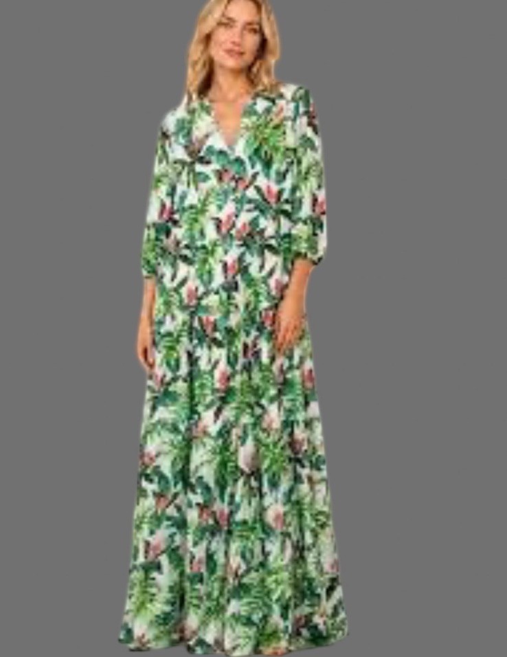 Large New J. McLaughlin Cunningham Green Tropical VNeck Maxi Dress Ruffle Hem