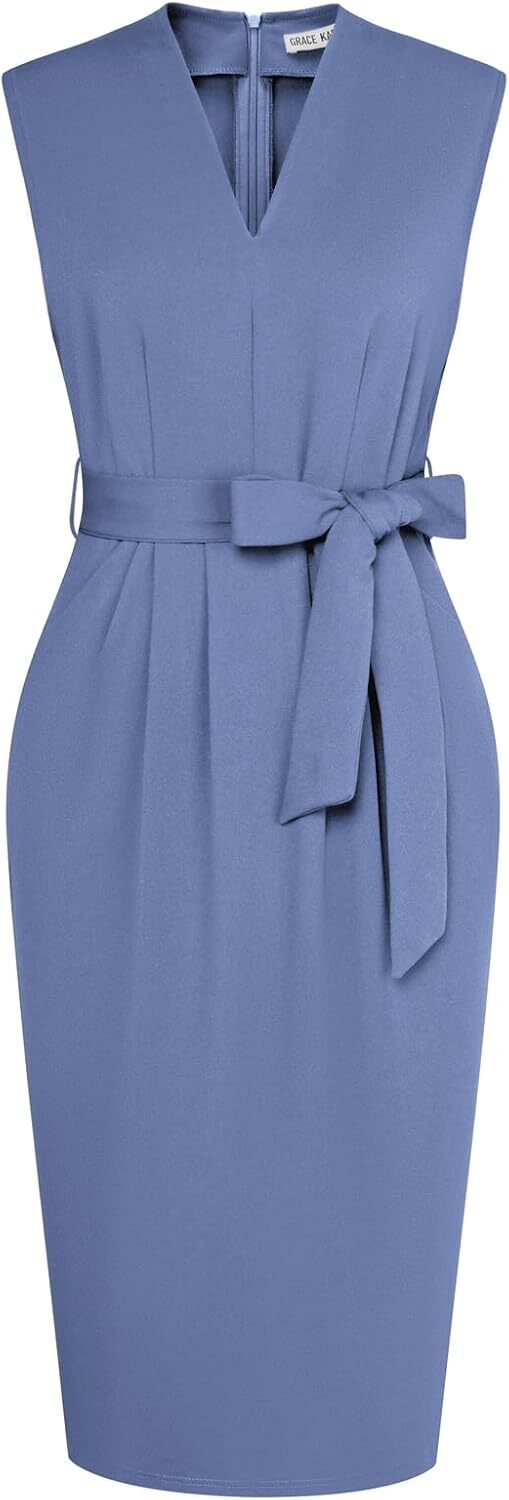 Women’s Sleeveless V-Neck Bodycon Sheath Dress – Zipper Up & Pockets Style