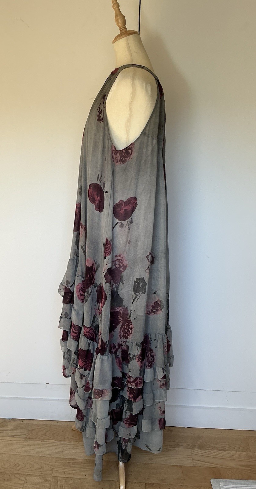 Vintage Religion Grey Purple Floral Halter Neck Maxi Dress Ruffle Hem Size M