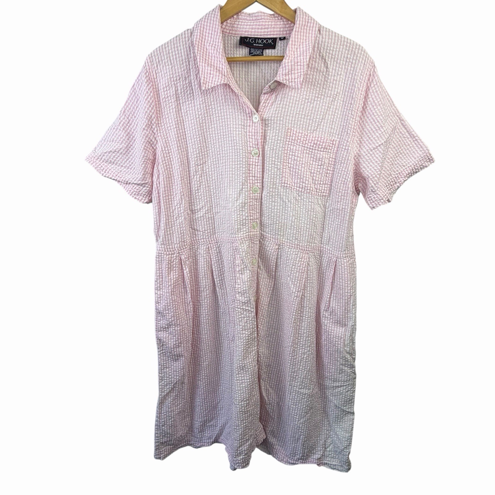 JG Hook Vintage Pink White Seersucker Shirt Dress Size 20W Cotton READ