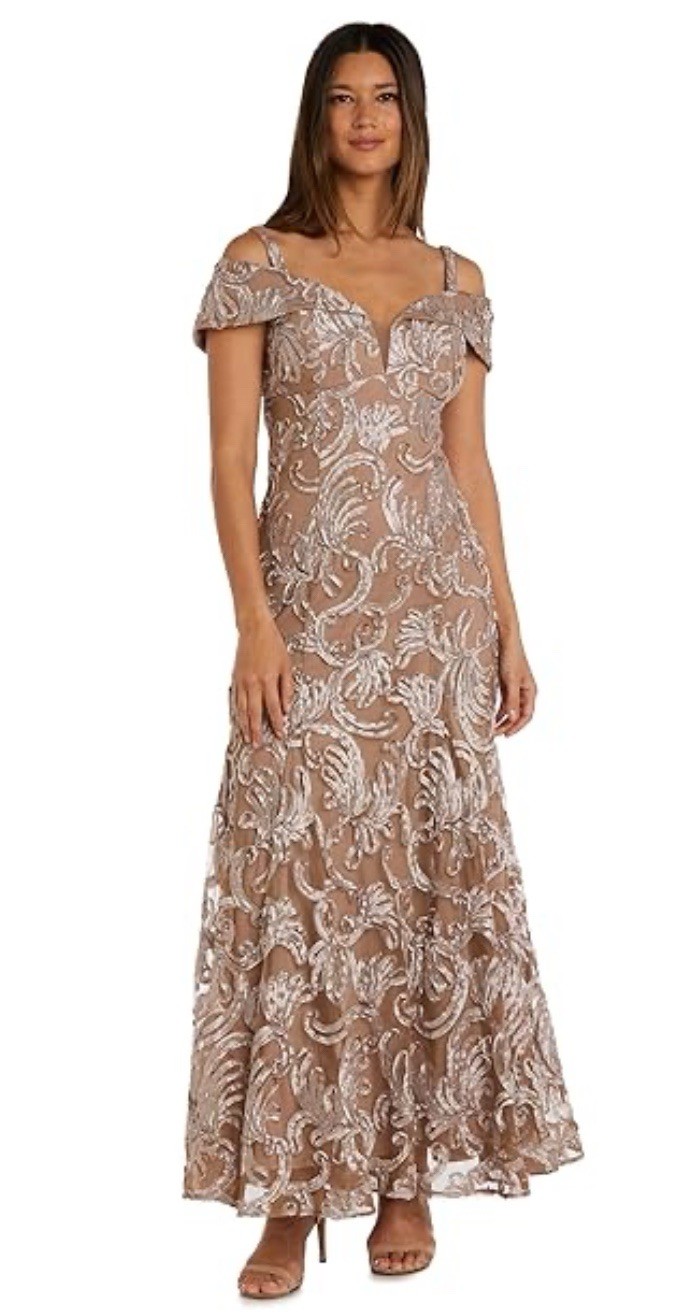R & M Richards Sequin Gown 12 Latte Champagne Formal Wedding Guest Gala NEW