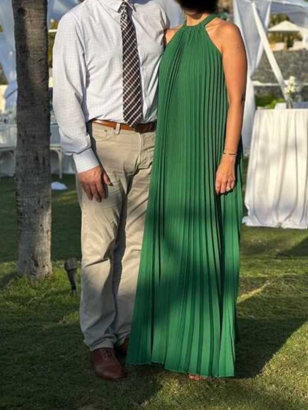 NEW Green Pleated Halter Maxi Dress Elegant Flowy Vacation Gown, Size L