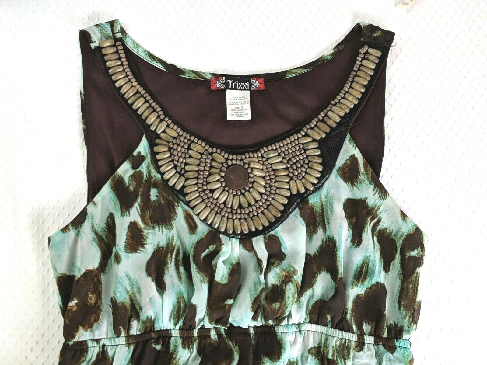 TRIXXI Sleeveless Dress Tribal Beaded Neck Small Boho Leopard Teal Lined Chiffon