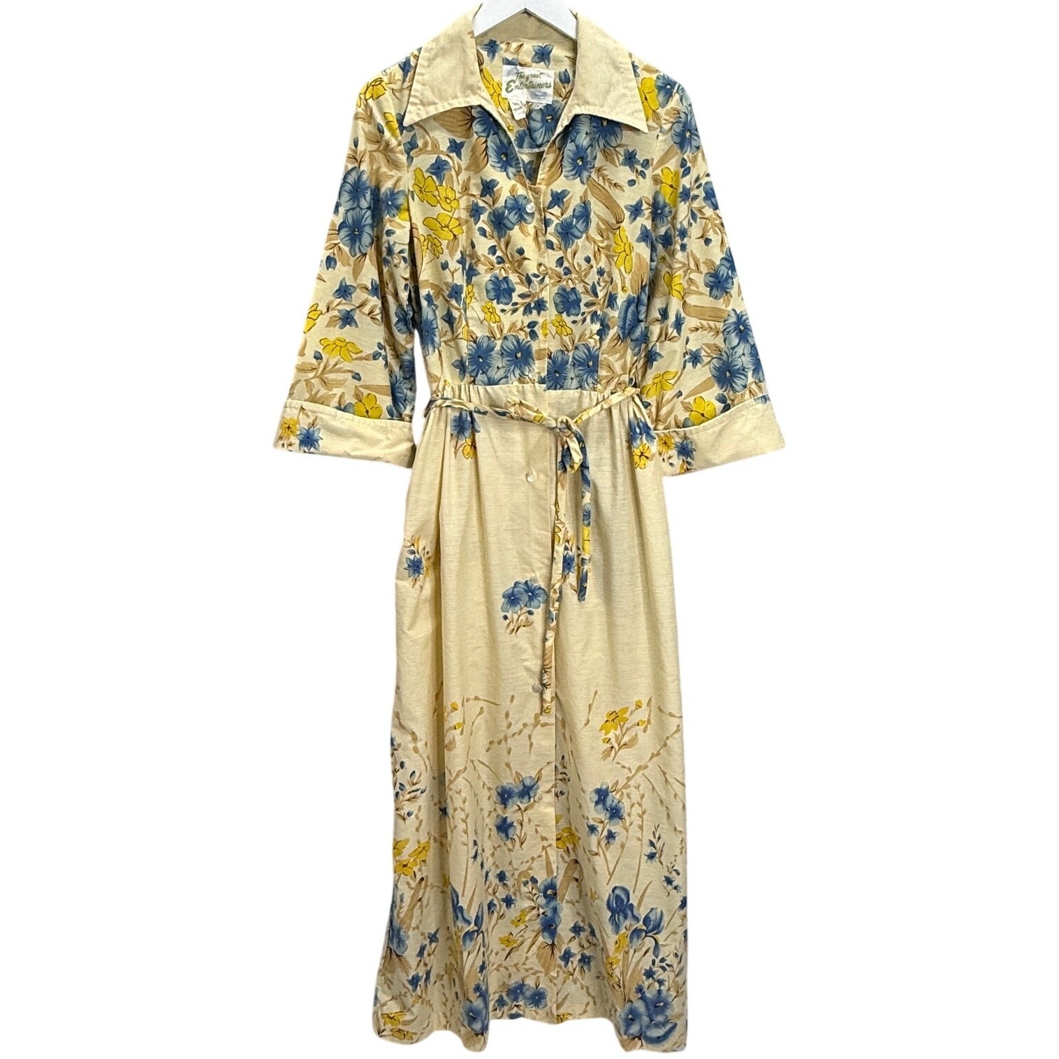 Vintage The Great Entertainers Sears Dress 70s Floral Belt Beige Size S Button