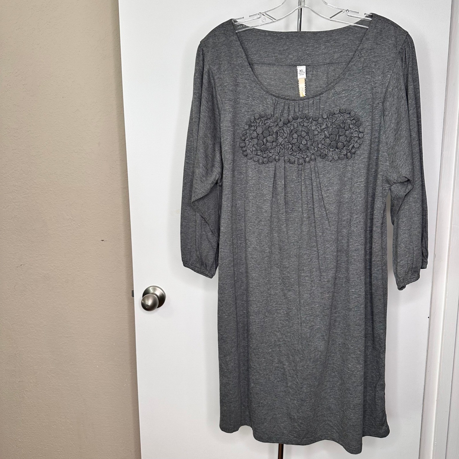 Uncle Frank Gray Rosette Applique Knit Dress XL 3/4 Sleeve Cotton Blend 72416