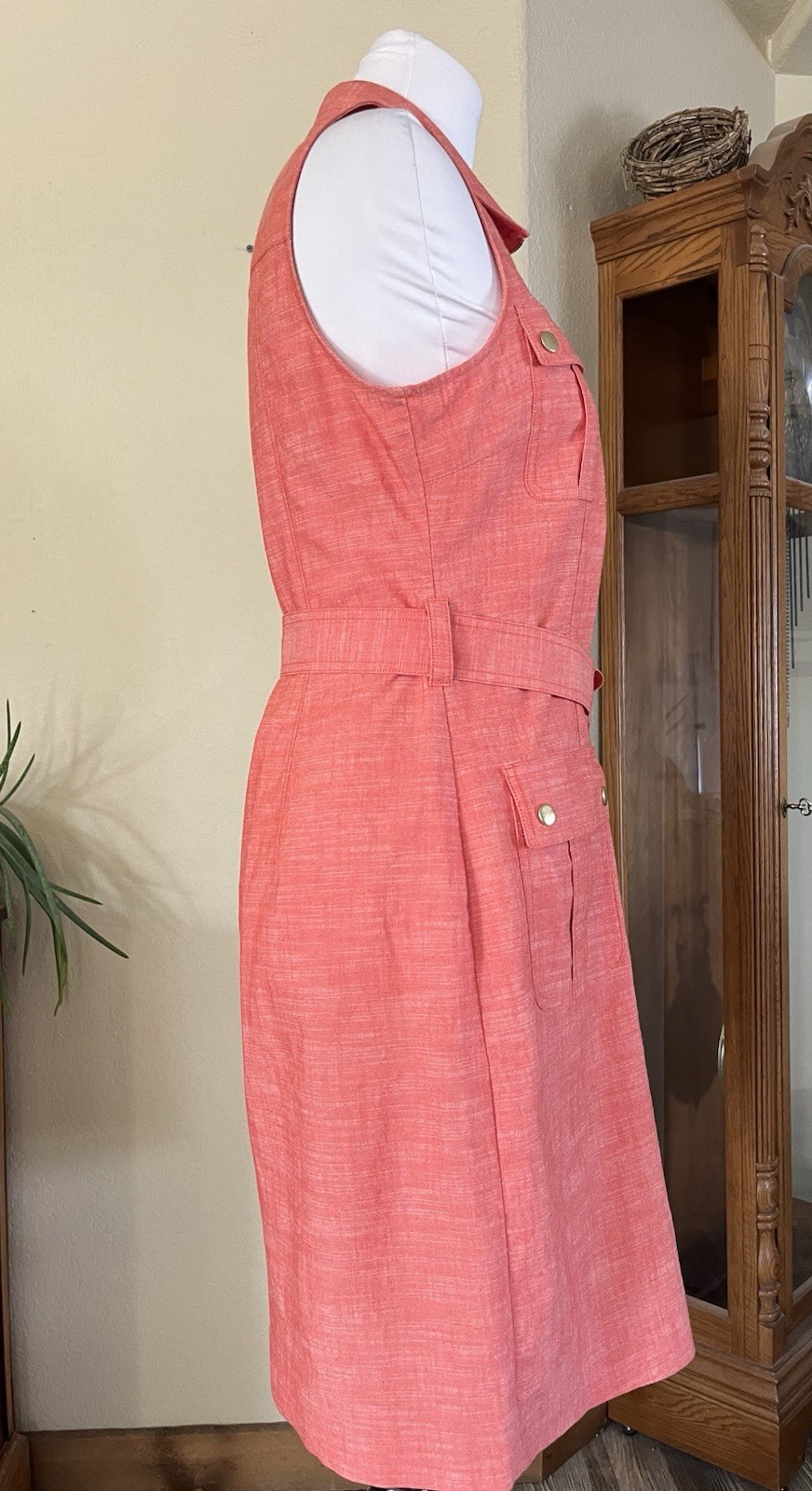 Sharagano Peach Sleeveless Utility Shirt Dress with Belt – Size 8