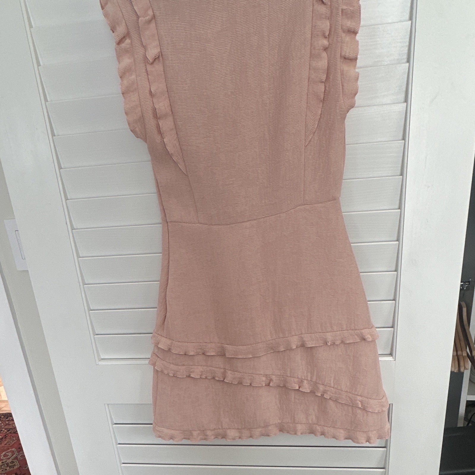 Sandro Paris Pink Ribbed Ruffle V-Neck Sleeveless Mini Dress