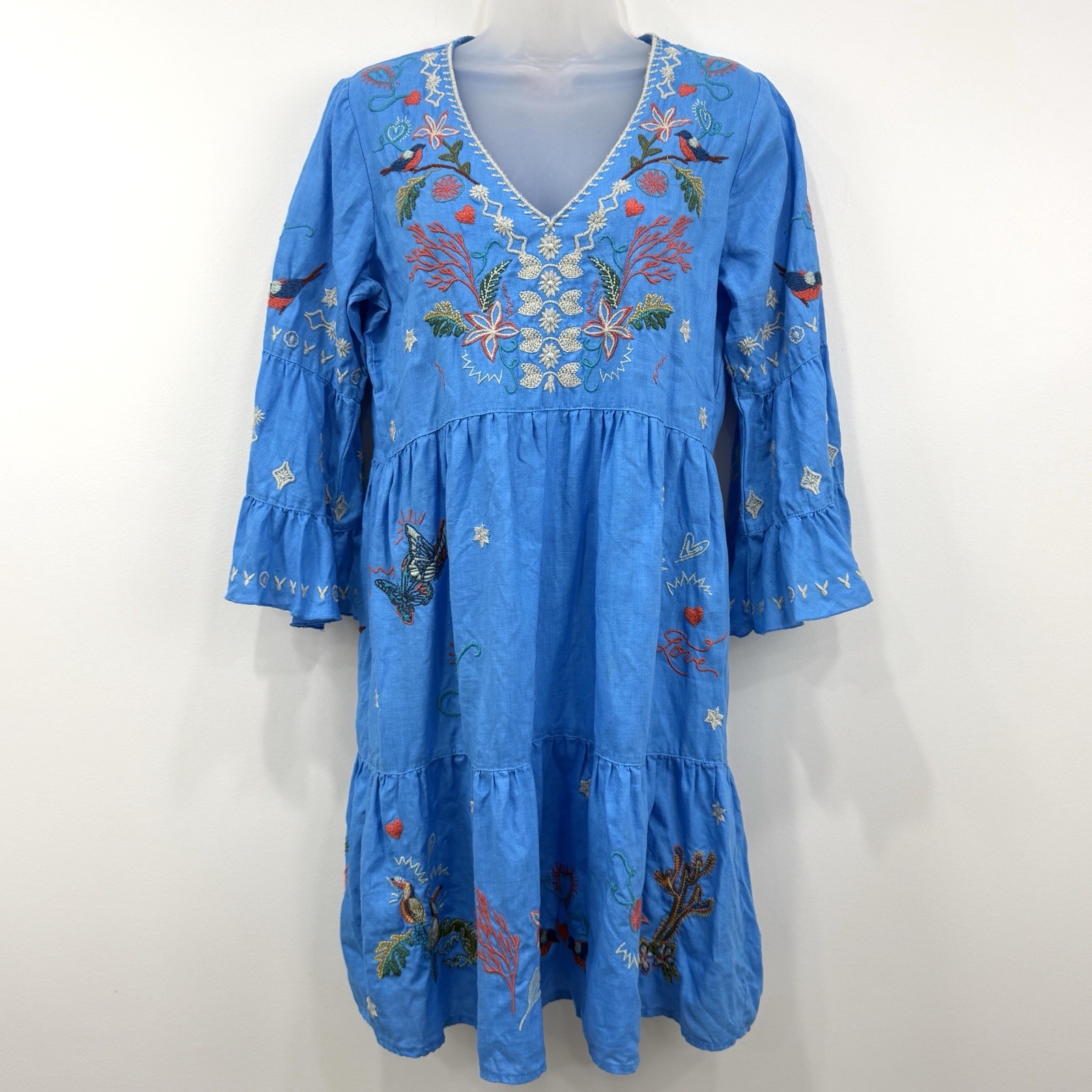 Johnny Was Zoe 100% Linen Dress S Tiered Embroidery Whimsical Boho Butterfly