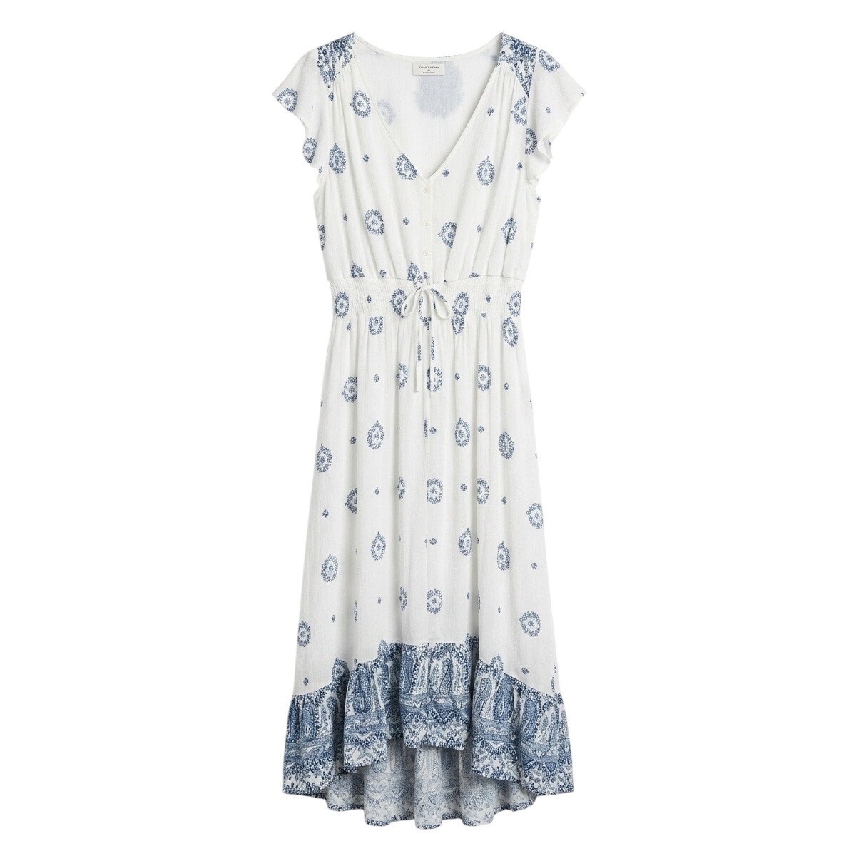 Anthropologie Kindred Blue Paisley High Low Midi Dress Flutter Sleeve Large