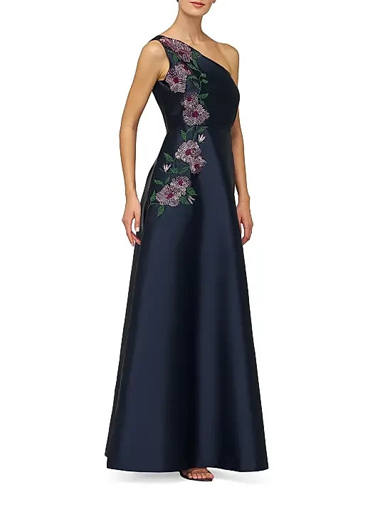 Kay Unger Midnight Blue Giada Embellished One-Shoulder A-Line Gown Size 10 $398
