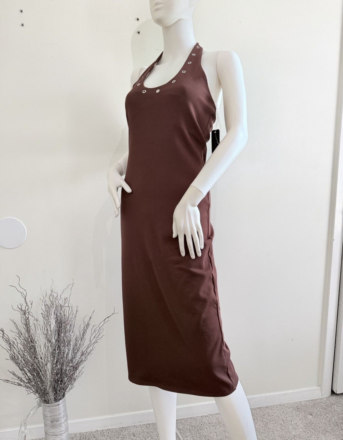 Madden Girl Brown Knit Halter Scoop Neck Open Back Grommet Midi Dress L
