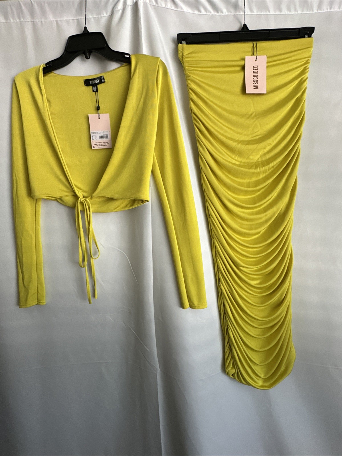 Missguided Slinky Ruched MidiSkirt 4 W/ LongSleeve Tie FrontCrop Top 6 NWT 0397