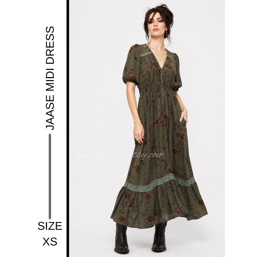 MSRP: $130 ✨ Jaase Olive Floral Button-Front Maxi Dress Size XS | Gothic Fairy ✨
