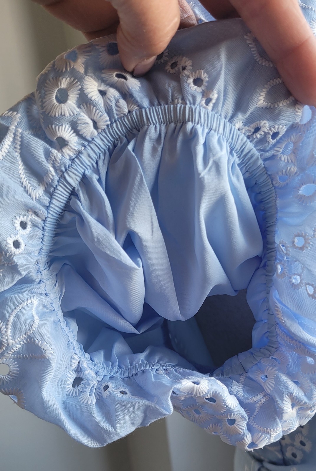 Baby Blue Eyelet Embroidered Dress Puff Sleeve Button Front Belt Cottagecore