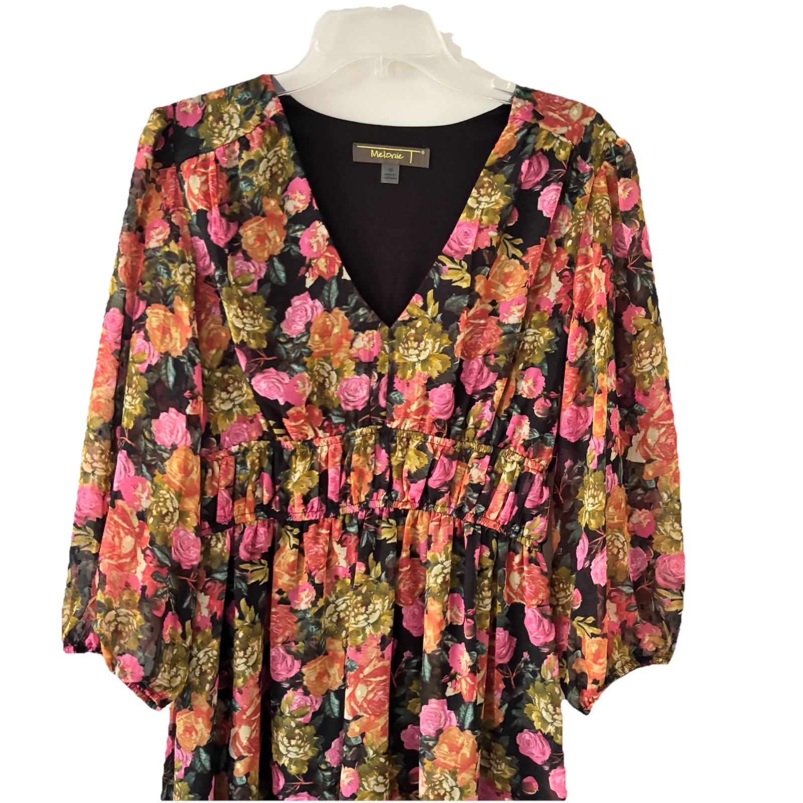 MELONIE T Size 10 A-Line Dress Black Pink Green Floral 3/4 Sleeve Midi