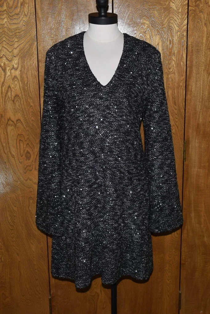 ST JOHN COUTURE DRESS BLACK SILVER SEQUINS SIZE 12 EXC CONDITION