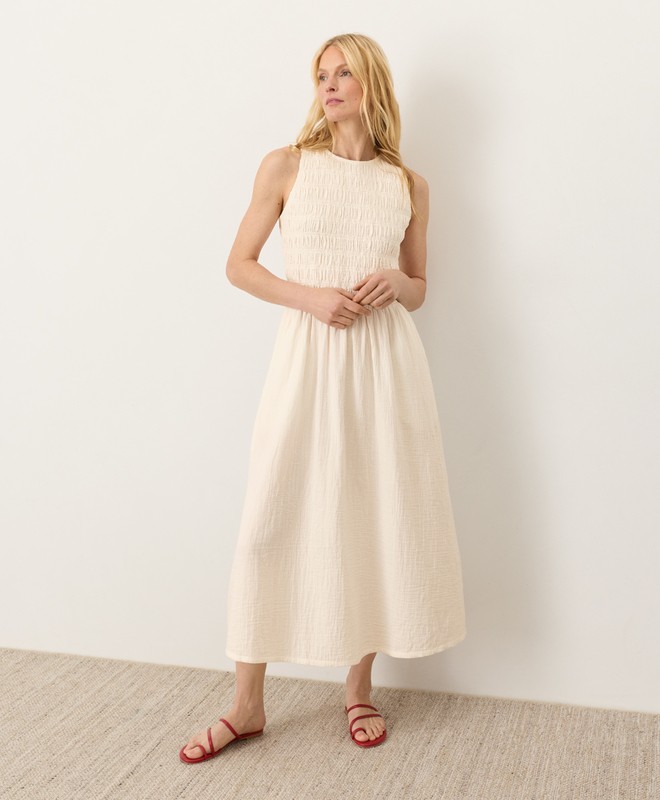 PACT Organic Coastal Double Gauze Smocked Dress, Cream | NEW