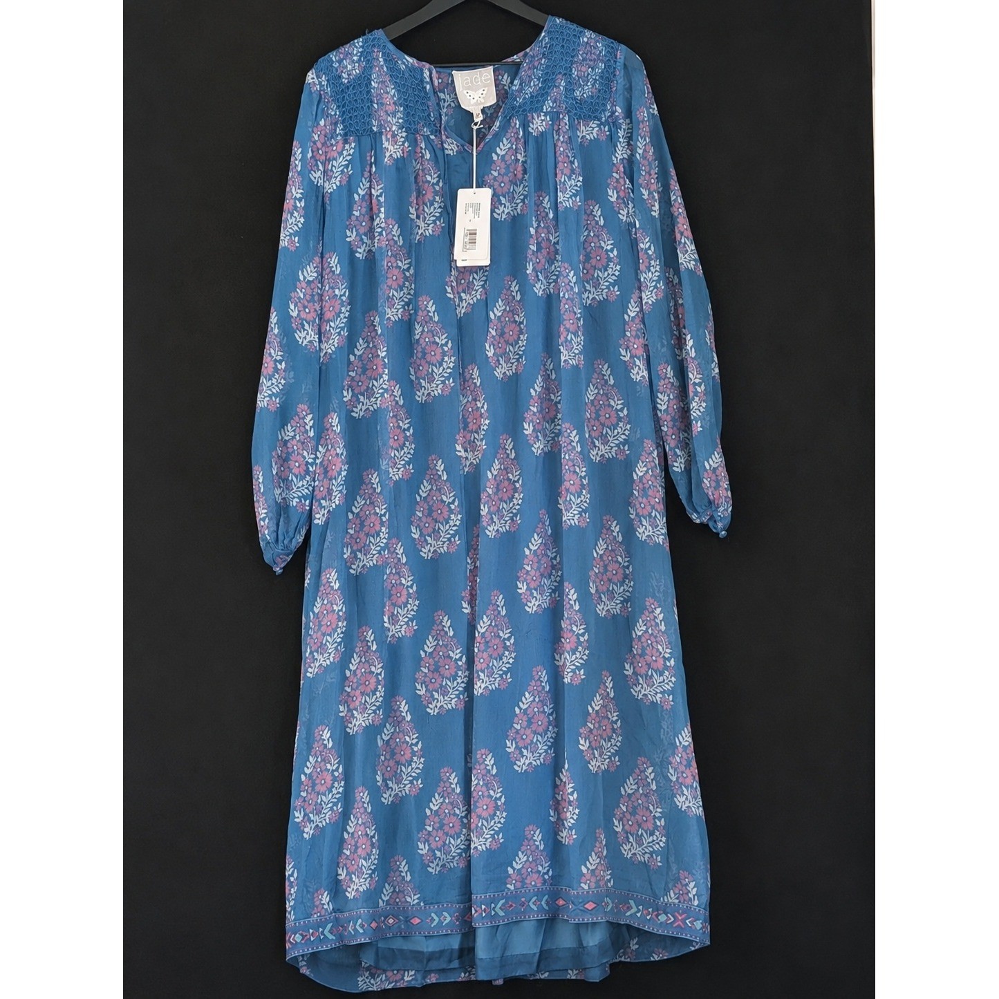 Johnny Was Jade NEW Silk Block Print Floral Boho Midi Smocked Dress Large NWT