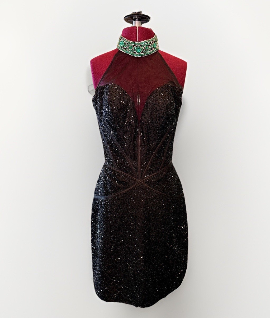 Sherri Hill Black Beaded Sequin Cocktail beautiful green gems Dress Size 4