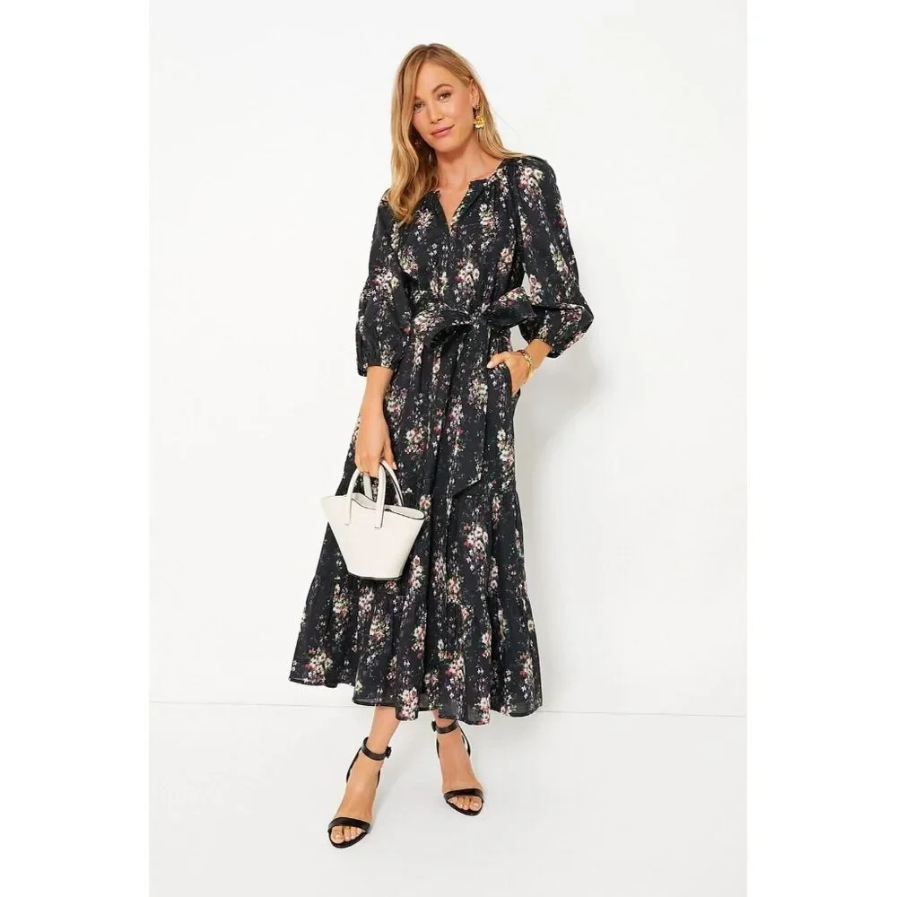Tuckernuck Onyx Falling Flowers Bouquet Lyles Dress w/ Belt Cotton Tier Maxi L