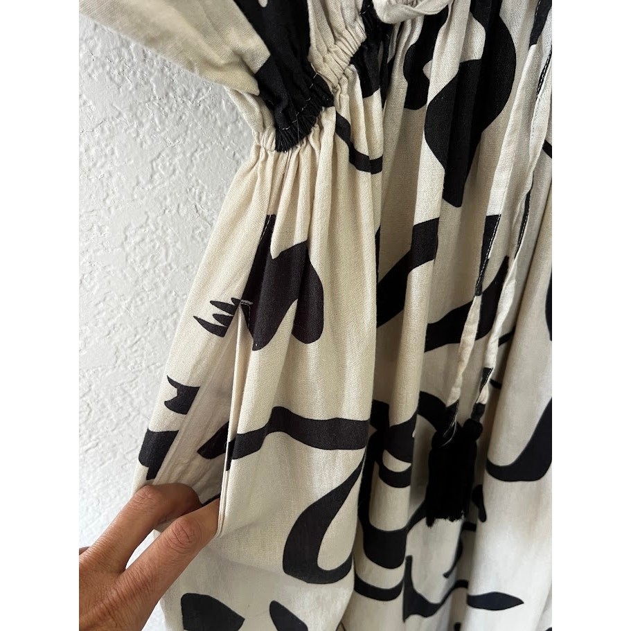 World Market Abstract Art Dress S/M Black Cream Drawstring Waist Boho
