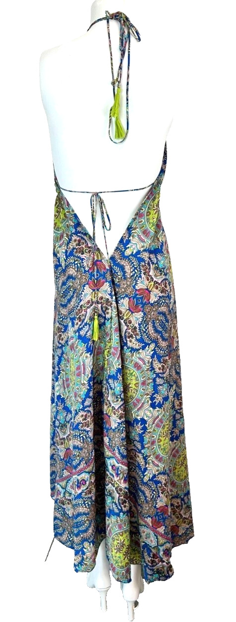 Silk Halter Maxi Dress Size One Size Boho Blue Paisley Floral Backless VNeck EUC