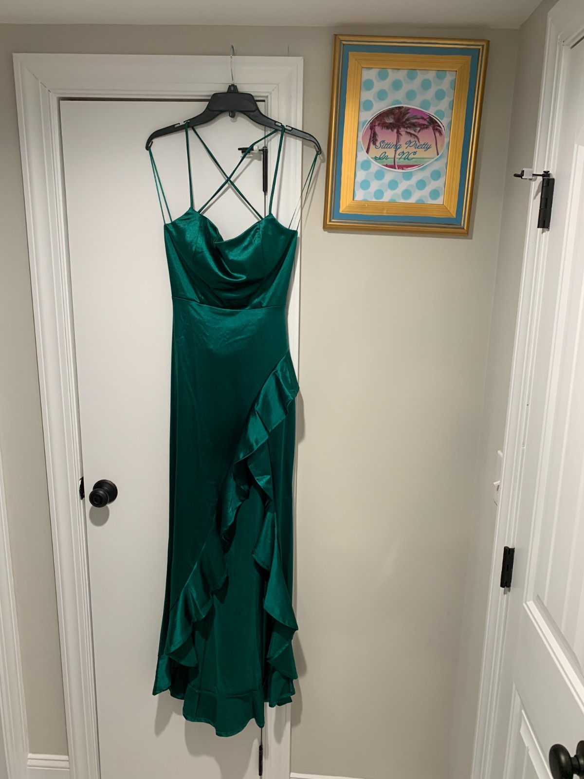 Crystal Doll High Low Satin Dress Women 9 Emerald Green Lace up Back Ruffle Sexy