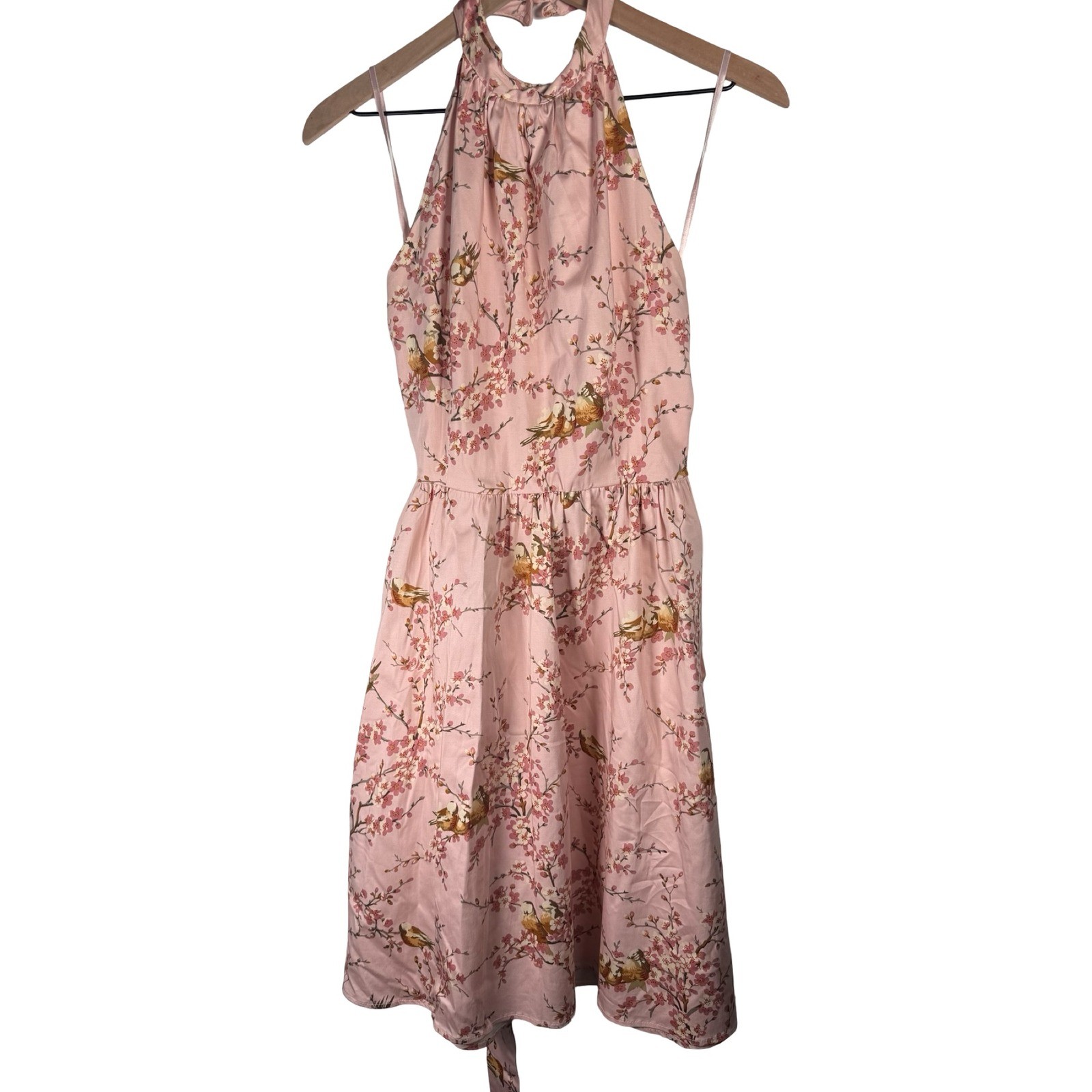 Vintage Moods 90s Cherry Blossom Bird Print Halter Neck Dress 6 Made in USA