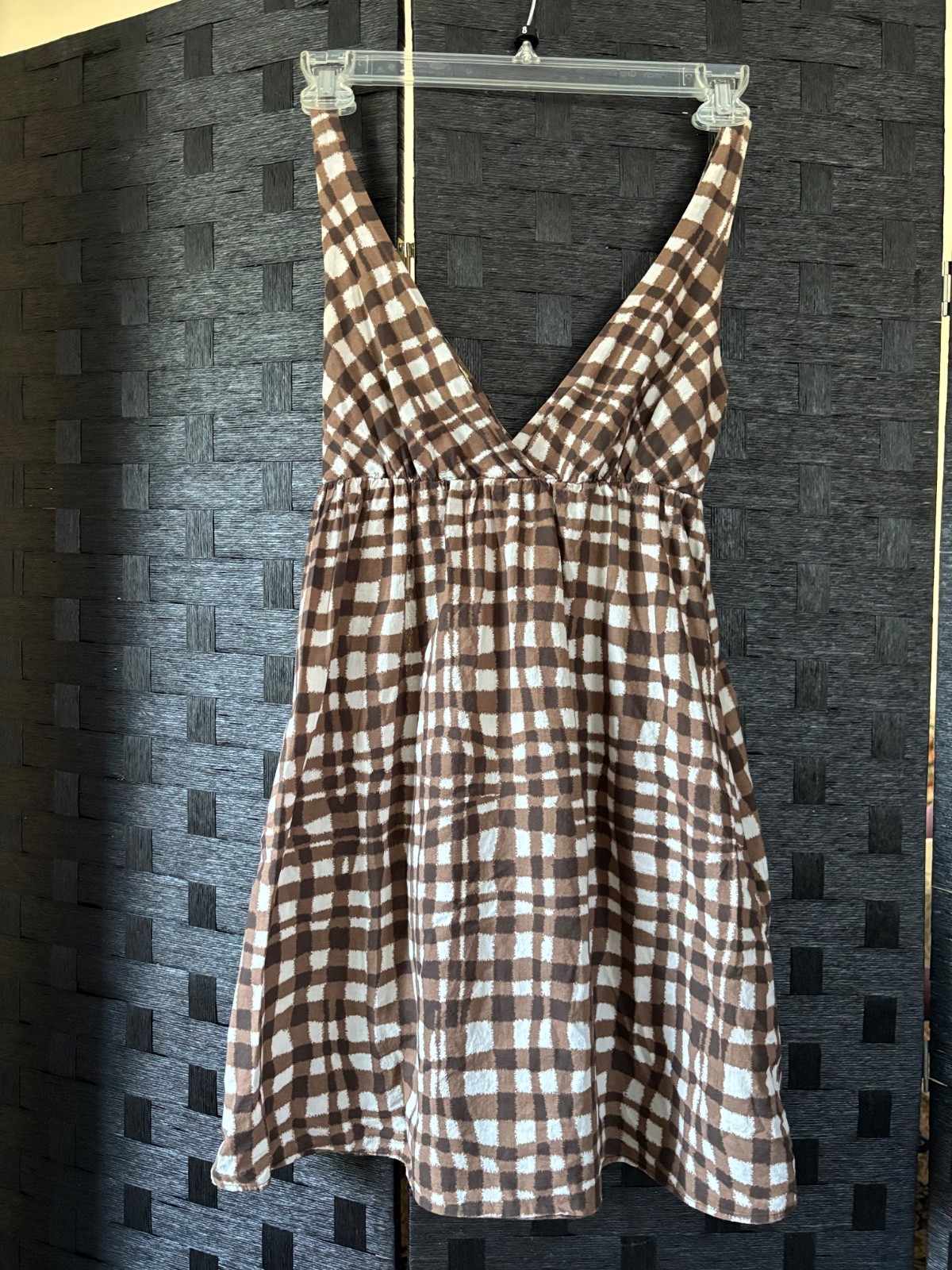 Size S Women’s Brown/White Checkered Old Navy Mini Dress w/Deep V-Neck