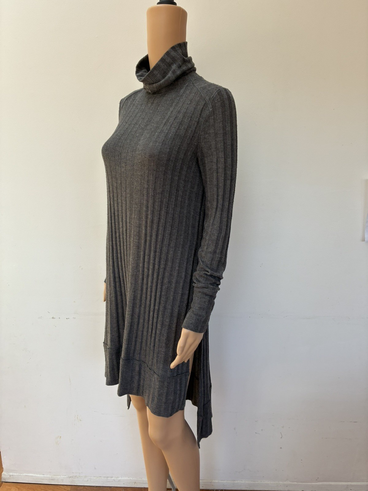 We The Free People gray rib high low split hem turtleneck tunic sweater dress S