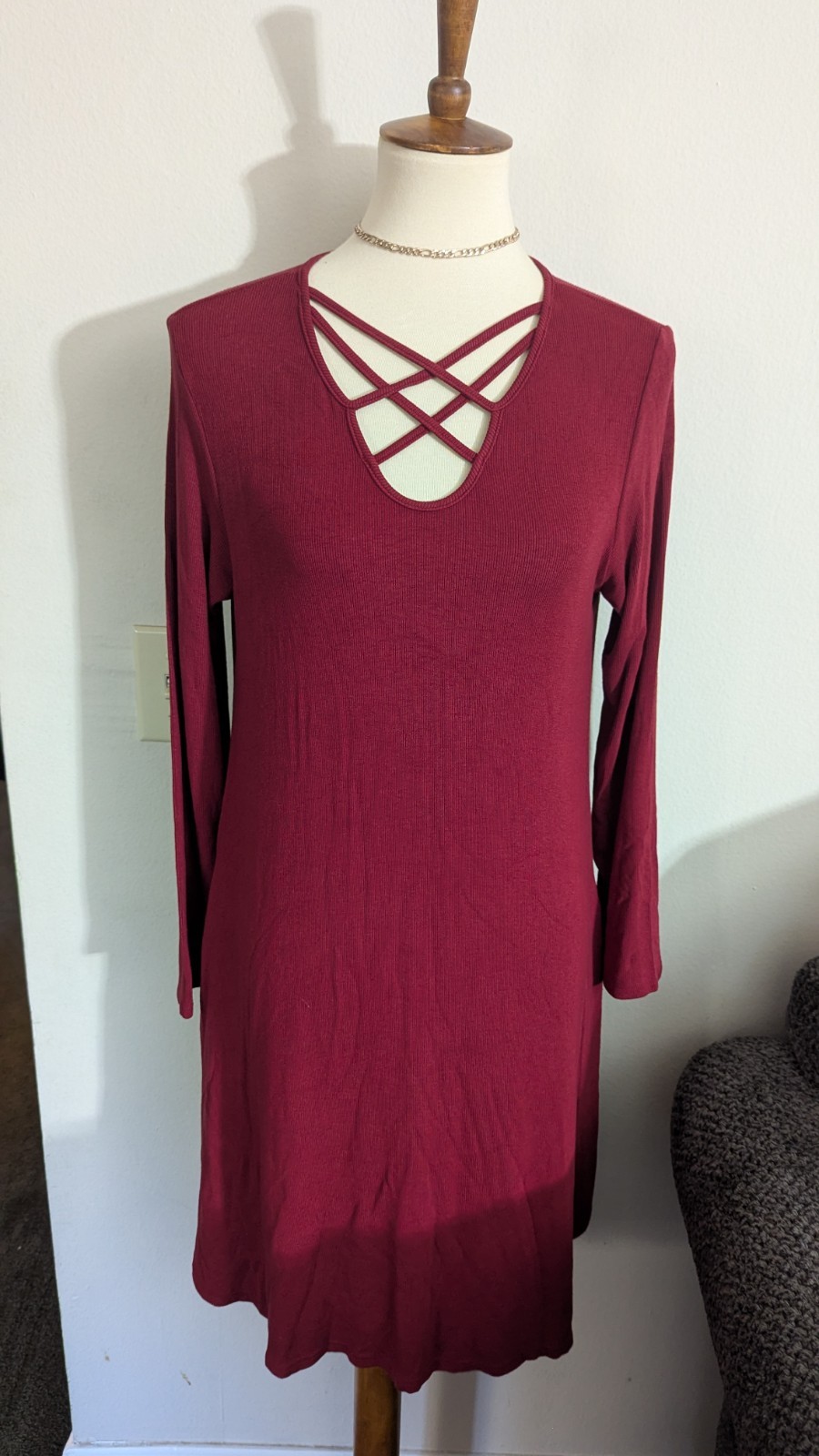 Southern Stitch Burgundy Knit Lattice Neck Crisscross Swing Dress Sleeve S New