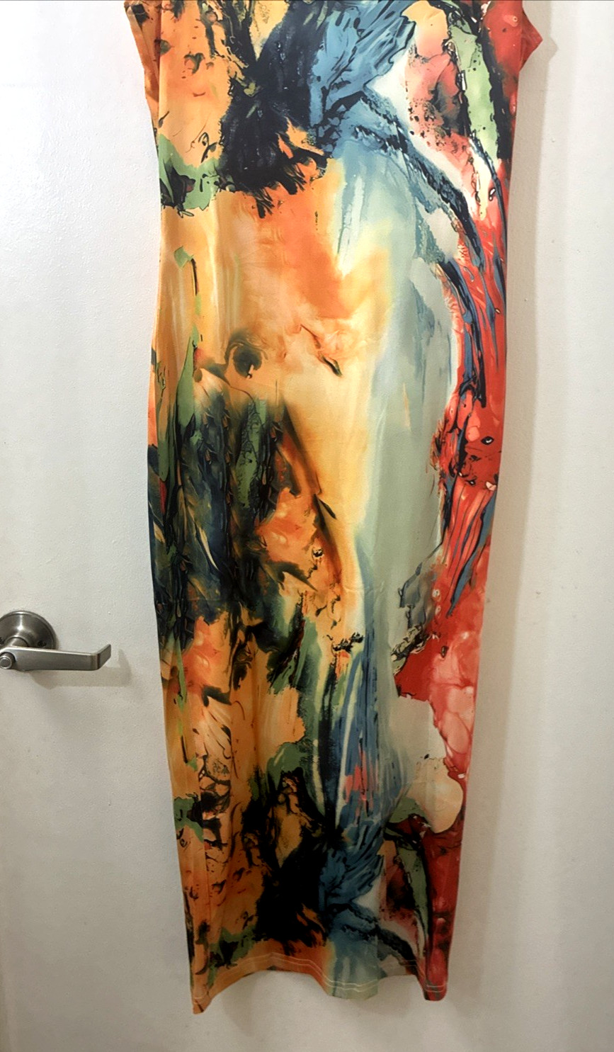 Abstract Watercolor Cowl Neck Midi Dress Women Small Multicolor Stretch