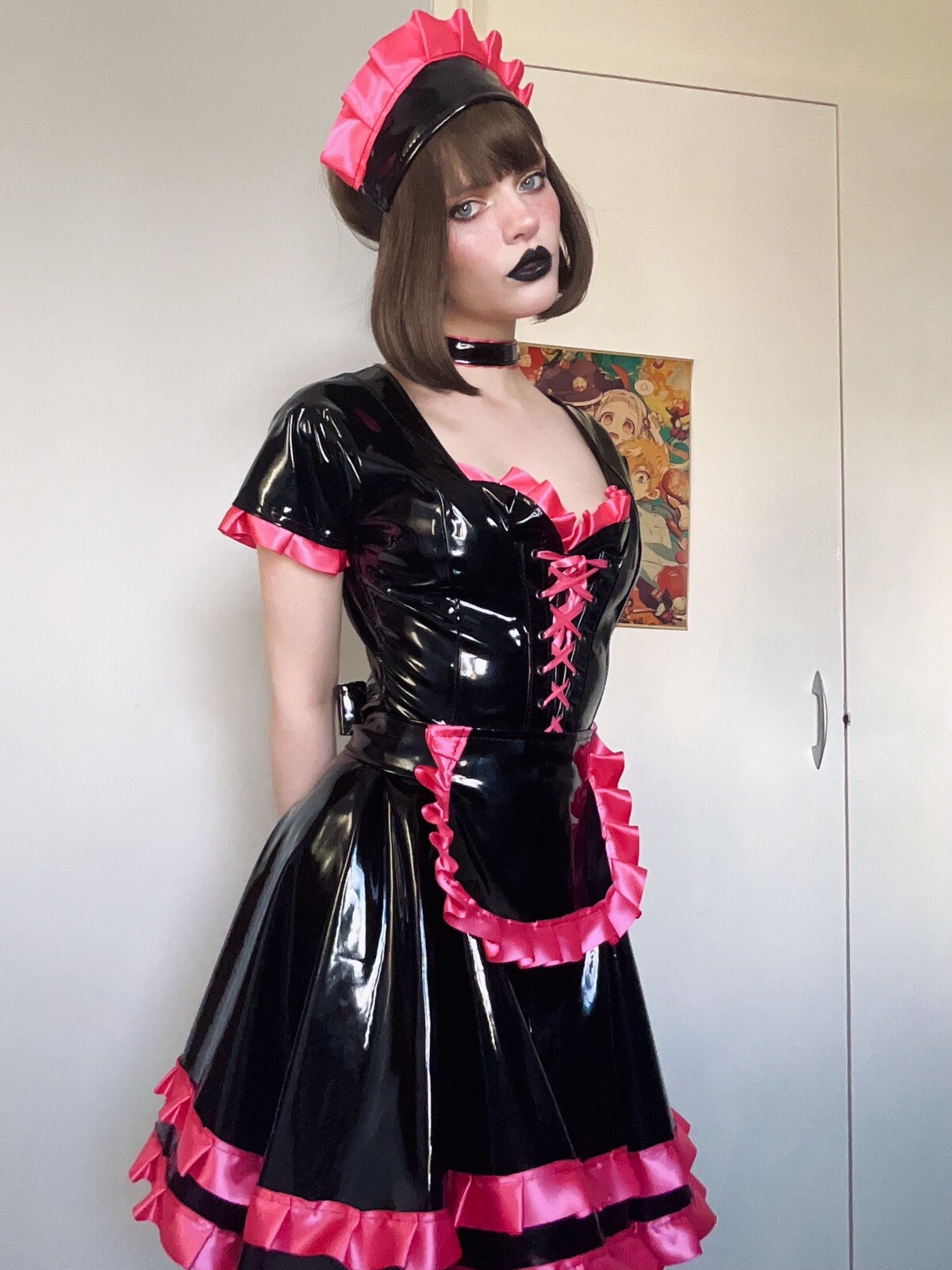 Misfitz black PVC & hot pink satin lace up Sissy Maids dress. SIZE 20. TV CD